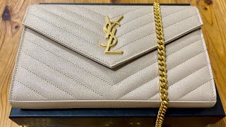 YSL Classic CASSANDRE Chain Wallet in Grain de POUDRE Leather 2024  Dark Beige Unboxing [upl. by Lotti560]