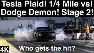 Tesla Plaid gives STAGE 2 Dodge Demon the Hit 14 Mile Drag Racing in 4K UHD [upl. by Accem]