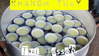 Eating Khanom Tuay  Steamed Coconut Milk Pudding [upl. by Ipoillak]