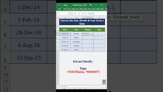 Learn Extracting Day Month amp Year from date excel exceltricks exceltips youtubeshorts howto [upl. by Zap255]