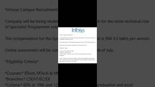 Infosys Recruitment 2024  Specialist Programmer 95 LPA  2024 batch  shorts itjobs2024 [upl. by Enirahtak955]