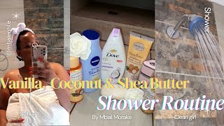 My Realistic Affordable cozy warm vanilla coconut shea butter Shower Routine Smell goodBody Care [upl. by Imoan]