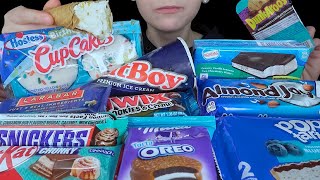 ASMR Snickers Cinnamon Bun Cinnabon Kitkat Milka Oreo Ice Cream Sandwich Birthday Cupcakes Twix [upl. by Aldercy572]