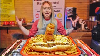 The 3 Foot Long Hot Dog Platter Challenge  As Seen on Man V Food [upl. by Volin831]