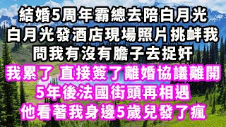 結婚5周年霸總去陪白月光，白月光發酒店現場照片挑衅我，問我有沒有膽子去捉奸，我累了，直接簽了離婚協議離開，5年後法國街頭再相遇，他看著我身邊5歲兒發了瘋爽文完結一口氣看完小三豪門霸總 [upl. by Victory655]