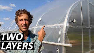 Installing TWO layers Inflated Greenhouse Plastic  How To Pull [upl. by Htes608]