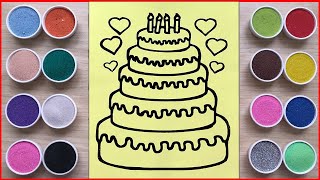 Sand painting 5 Tiers Birthday Cake how to draw and paint with color sand Chim xinh channel [upl. by Rot]