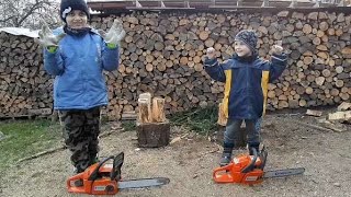 Children and race with chainsaw Husqvarna  Boys VS Chainsaws [upl. by Anora]