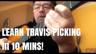 The Trick to TRAVIS PICKING Learn it in 10 Minutes Plus free chord charts [upl. by Alyworth403]