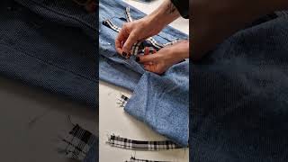 Upcycling my jeans using scrap fabric 🖤 scrapfabric reworked londonfashionweek upcycling [upl. by Kippar237]