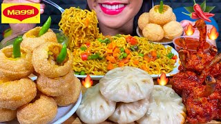 ASMR MAGGI MASALA NOODLES SPICY PANI PURI VEG MOMO CHICKEN LOLLIPOP MUKBANG MASSIVE Eating Sounds [upl. by Niak]