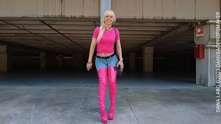 DANA LABO 4K  Barbie  inspired outfit  shiny pink boots overknee high heels and blue jeans [upl. by Della]