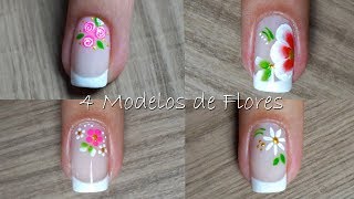 Como Fazer Flores nas Unhas  4 Modelos Passo a Passo [upl. by Nylecaj]