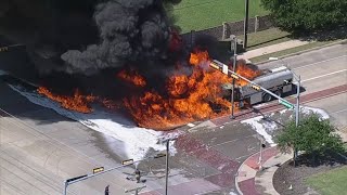 Tanker truck hauling 5000 gallons of fuel catches fire in North Texas [upl. by Anihpesoj]