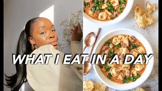 WHAT I EAT IN A DAY Healthy Creamy Tortellini Soup Recipe Vlogmas Day 12  Tanicha Rose [upl. by Ainirtac]