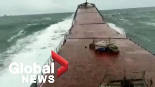 quotMaydayquot Camera captures huge wave snapping cargo ship in 2 off coast of Turkey [upl. by Jobye25]