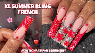 XL RED FLOWER BLING FLOWER FRENCH ✨❤️ Easy Summer Nail Art  Acrylic At Home For Beginners [upl. by Milson]