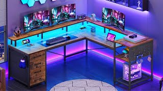 How to Install  Sikaic 984 Inches LED L Shaped Gaming Desk With Power Outlet Drawers Brown [upl. by Arria]