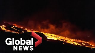 La Palma volcano Redhot lava flow continues from eruption as part of main cone collapses [upl. by Bowlds165]