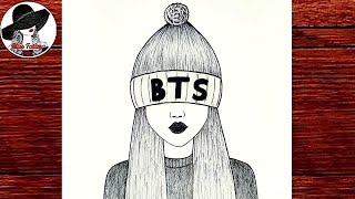 Как Нарисовать Девушку В Шапке BTS Очень Легко  Девушка В Шапке BTS  Рисунки Карандашом [upl. by Rodmun]