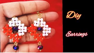 Bead earrings design idea How to make earrings at home with crystal beads Easy earring tutorial [upl. by Aicel755]