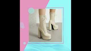 2022 Women Ankle Boots PU Leather Platform Thick High Heel Ladies Short Boots Cross Tied Square T [upl. by Peursem]