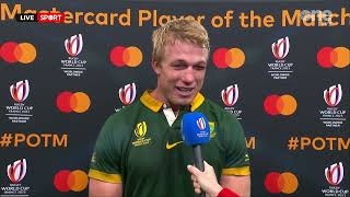 POTM Pieter Steph Du Toit reacts to Springboks Rugby World Cup win [upl. by Zevahc]