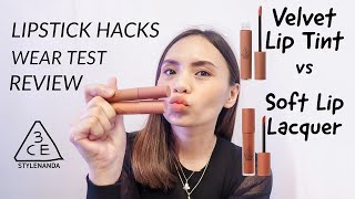 3CE VELVET LIP TINT vs SOFT LIP LACQUER  LIPSTICK HACKS [upl. by Eniamrehc]