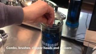 How to sanitise barber equipment using Barbicide and clippe [upl. by Airpac]