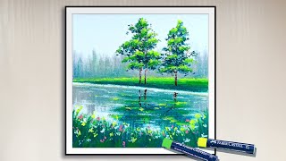 Oil Pastel Drawing  How to draw riverside scenery with oil pastels  Paint Step by Step 油画棒风景河畔风光 [upl. by Gavrila]