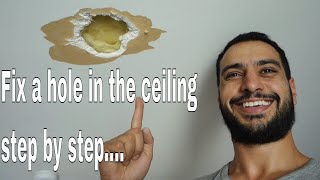 How to repair a hole in ceiling  drywall plasterboard [upl. by Airla401]