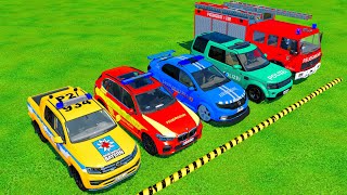 TRANSPORTING POLICE CARS FIRE DEPARTMENT AMBULANCE EMERGENCY WITH TRUCKS  Farming Simulator 22 [upl. by Dione]