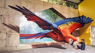 Street Artist Paints a JawDropping 3D Wall Mural of a Parrot  WooGlobe [upl. by Domonic554]