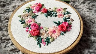 Floral Heart Wreath  Embroidery For Beginners  Let’s Explore [upl. by Ahsai]