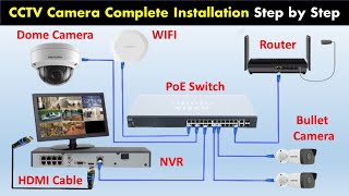 CCTV Camera Installation with NVR  IP Camera Hikvision NVR amp PoE Switch Complete full Installation [upl. by Frame]