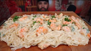 ASMR SHRIMP FETTUCCINE ALFREDO PASTA MUKBANG [upl. by Eytak]