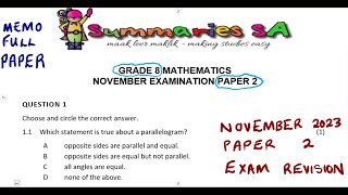 Mathematics Grade 8 November 2023 Paper 2 Exam Revision Term 4 Exam Paper [upl. by Keithley]