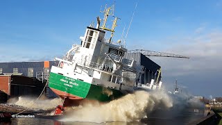 ANNIKA BRAREN  spectacular big ship launch at ROYAL BODEWES Hoogezand  monster wave hits wall  4K [upl. by Nnyroc]