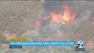 Twin fires burn down structures in Cabazon prompting evacuation orders [upl. by Annaesor]