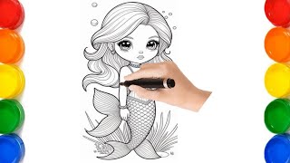 How to draw beautiful Smart Mermaid for kids Cute easy Mermaid painting colouring for Toodlers [upl. by Enilekaj]