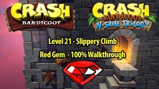 Crash Bandicoot 1 HD  Slippery Climb 100 Walkthrough  RED GEM LOCATION [upl. by Attaynik]