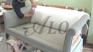 DIY  HOW TO REUPHOLSTER A COUCH WITH ROLL ARMS  ALO Upholstery [upl. by Clemente628]