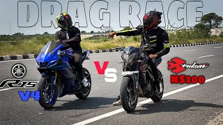 Yamaha R15 V4 Vs Bajaj Pulsar Ns200 Drag Race  Top End Race Pulsar Ns200 Vs R15 V4 [upl. by Rotman]