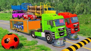 Double Flatbed Trailer Truck vs speed bumpsBusses vs speed bumpsBeamng Drive014 [upl. by Eilssel]