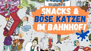 Illustration BÖSE Katze 🐈 und frische Snacks im Wimmelbild Bahnhof  Storytime ASMR Deutsch [upl. by Ranip]