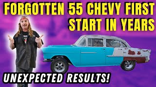 55 Chevy First Start 305 Fires Up After 20 Years of Sitting [upl. by Ardnnaed]