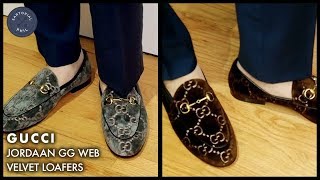 Gucci Jordaan Velvet Loafers wGG Web Embroidery Unboxing and tryon [upl. by Atinnor805]