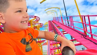 FIRST ROLLER COASTER RIDE at FUN FAIR CALEB RIDES OUTDOOR AMUSEMENT PARK RIDES for KIDS with MOM [upl. by Cherie]