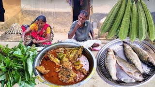 rohu FISH CURRY with RIDGE GOURD cooking and KOLMI SHAK vaji for tribe motherrural lifestyle [upl. by Sarchet]