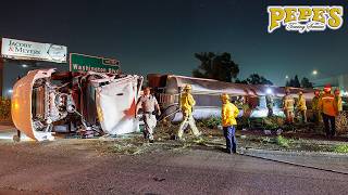 Fuel Tanker Crashes and Rolls Over  HAZMAT mess on Freeway [upl. by Gaither131]